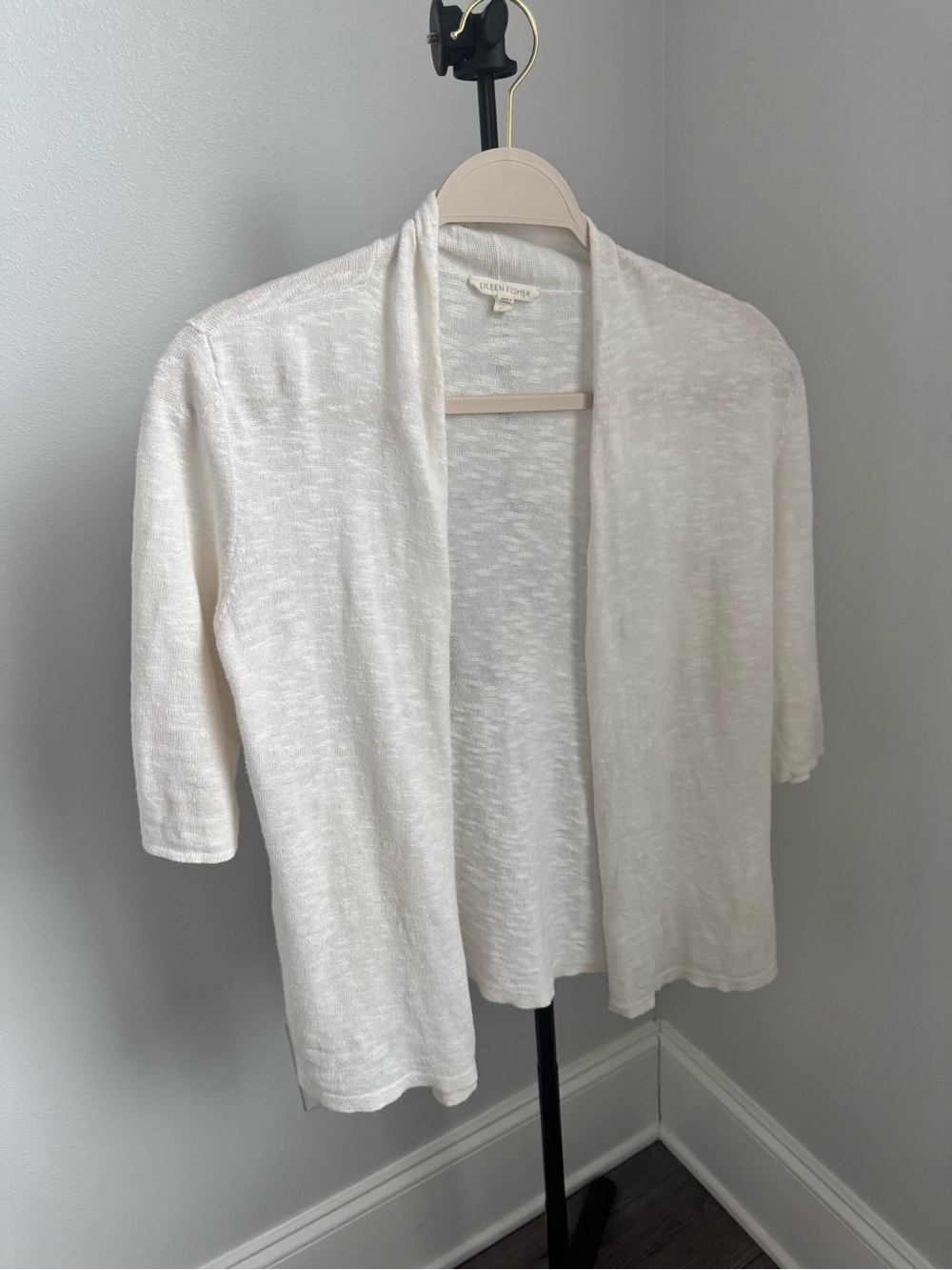 Eileen Fisher Organic Linen Cotton Slub Open Front Cardigan White XS Minimalist